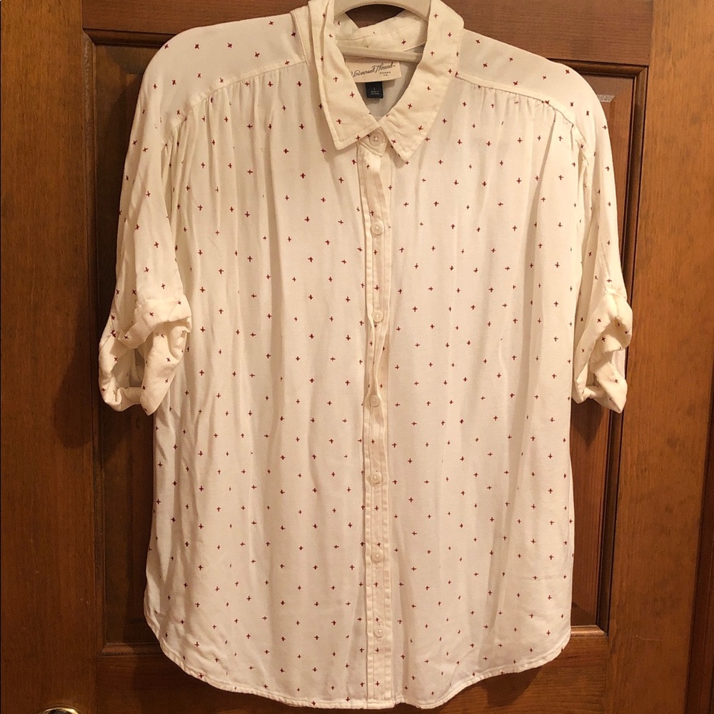 Universal Thread Cream Button-Up Shirt with Small Red Cross Print